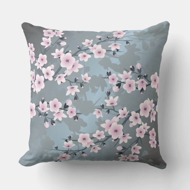 Coussin Fleur de cerisier bleu rose gris rose (Recto)