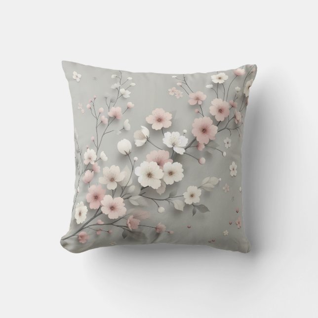 Coussin Fleur de cerisier gris rose japonais floral (Recto)