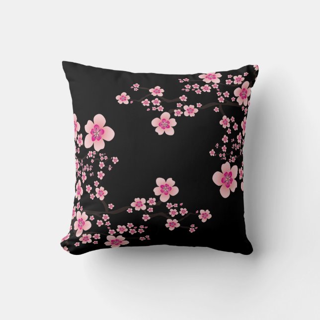 Coussin Fleur de cerisier japonais noir et rose (Recto)
