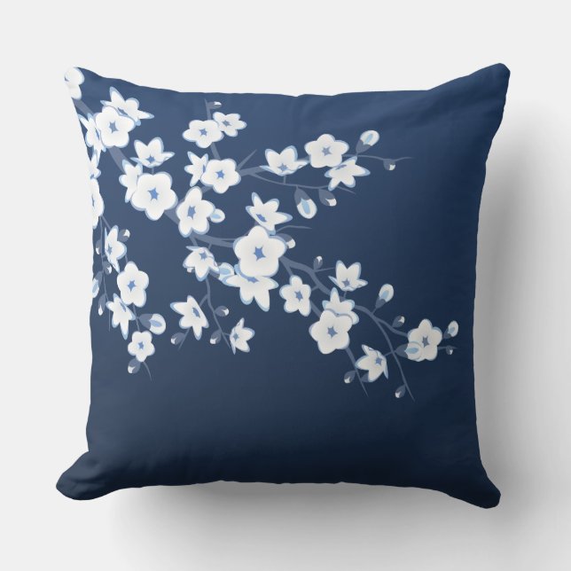 Coussin Fleur de cerisier Marine Bleu Blanc Floral (Recto)