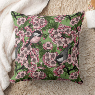 Coussin Fleur de cerisiers et poulets verts