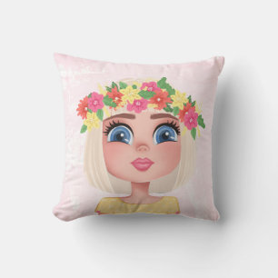 Coussin Fleur de dessin fille sur rose