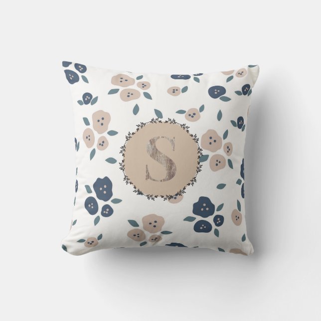 Coussin Fleur de ferme en bleu marron rustique de monogram (Recto)