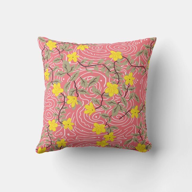 Coussin Fleur de jasmin jaune sur le corail rose (Verso)