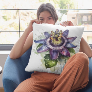 Coussin fleur de la passion colorée en violet et vert 