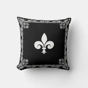 Coussin Fleur de Lis blanche et cadre sur fond noir