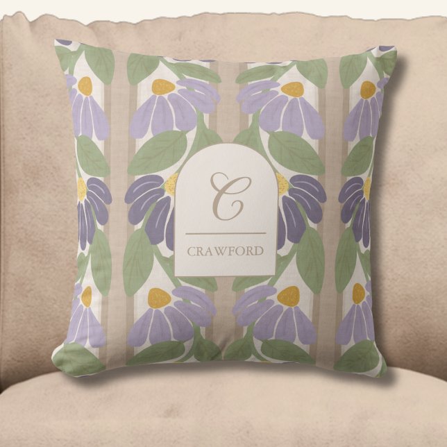 Coussin Fleur de lis violette et beige monogrammée (Monogrammed Floral Striped Throw Pillow)