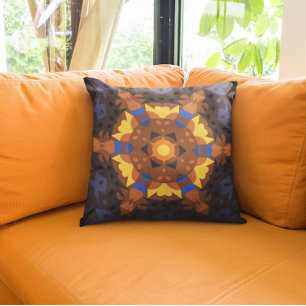 Coussin Fleur de Mandala rétro orange jaune et bleu