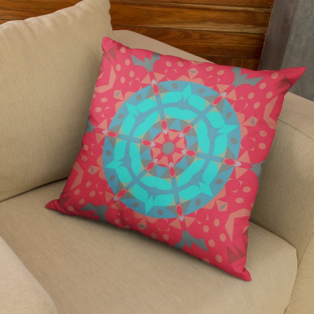Coussin Fleur de Mandala rouge et bleu (Créateur téléchargé)