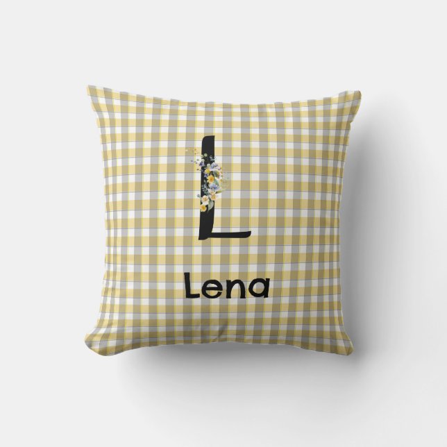 Coussin Fleur de monogramme motif gingham jaune gris (Recto)