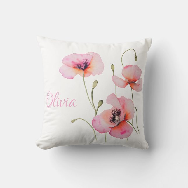 Coussin Fleur de naissance d'août Pavot rose Aquarelle Flo (Recto)