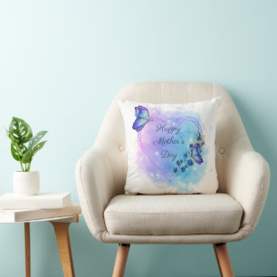 Coussin Fleur de papillon bleu de la fête des mères 