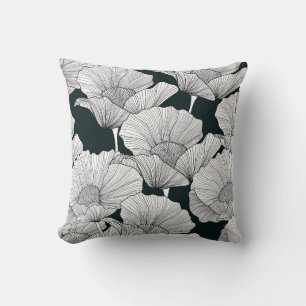 Coussin Fleur de pavot, ligne blanche noire.