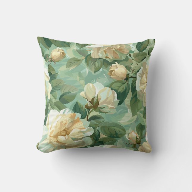 Coussin Fleur de pivoine de crème fleurie de verdure (Recto)