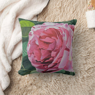 Coussin Fleur de pivoine rose avec feuilles verts, dossier