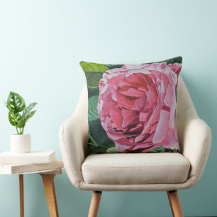 Coussin Fleur de pivoine rose avec feuilles verts, Grande