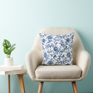 Coussin Fleur de toile de chinoiserie à l'aquarelle bleue