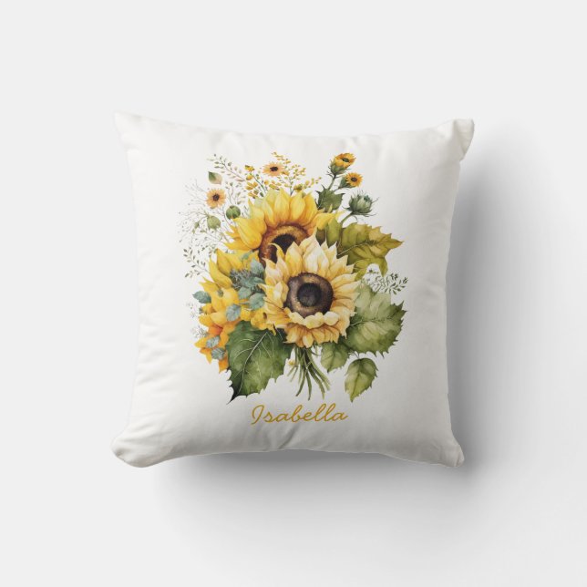 Coussin Fleur de tournesol à l'aquarelle personnalisée (Recto)