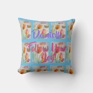 Coussin Fleur De Tulipe Rose Aquarelle Bleue
