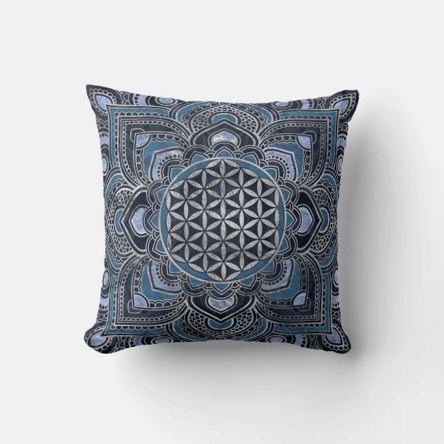 Coussin Fleur de vie à Lotus - Cristal bleu et argent (Recto)
