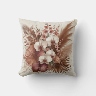Coussin Fleur d'orchidée rose moderne & feuilles tropicaux