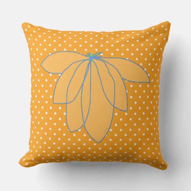 Coussin Fleur dorée sur fond orange à pois blancs (Recto)