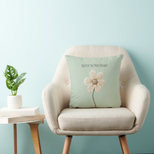 Coussin Fleur en faux tricot vert menthe et crème