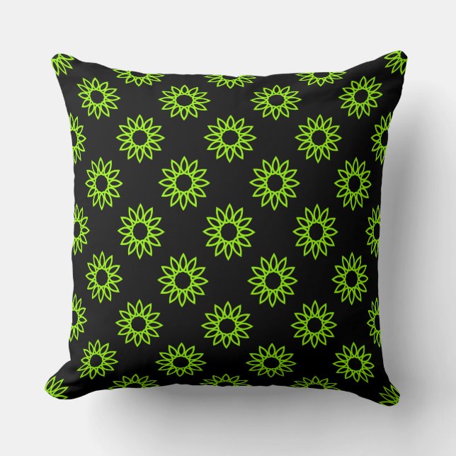 Coussin Fleur géométrique 01 - Chartreuse sur noir (Recto)
