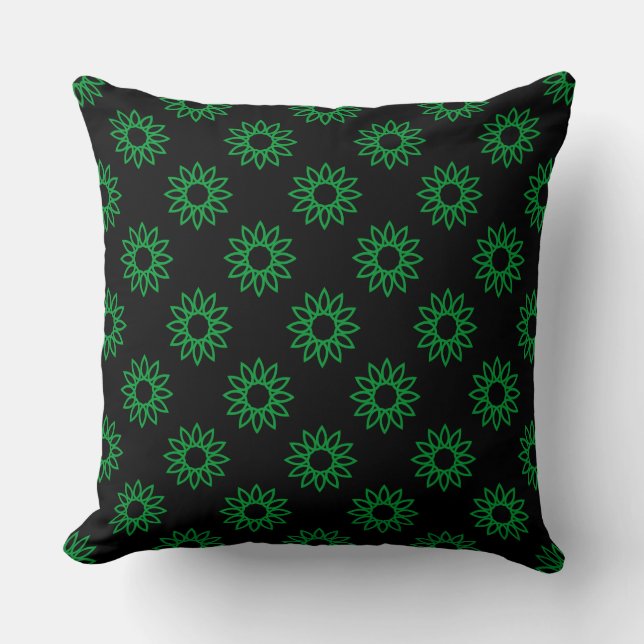 Coussin Fleur géométrique 01 - Vert herbe sur noir (Recto)