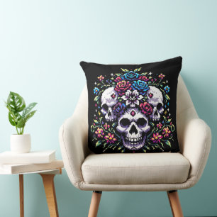 Coussin Fleur gothique - Mystique floral crâne Pixel Art