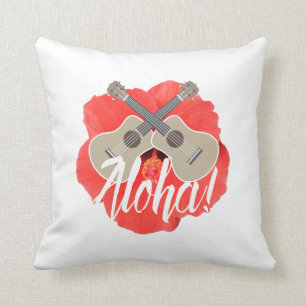 Coussin Fleur hawaïenne d'ukulélé et de ketmie Aloha