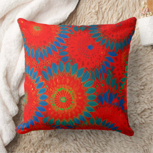 Coussin Fleur marocain exotique rouge orange sarcelle vert