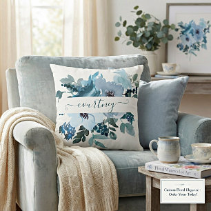 Coussin Fleur personnalisée aquarelle bleue et sarcelle