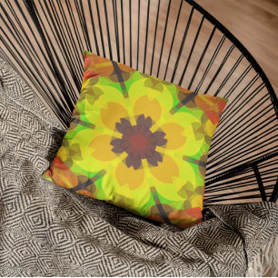 Coussin Fleur rétro Mandala jaune orange et vert