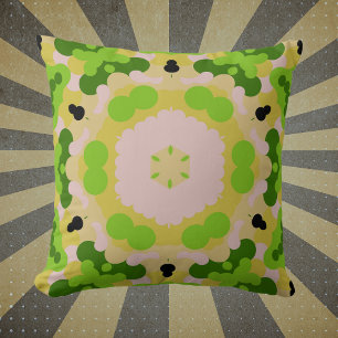 Coussin Fleur Retro Mandala jaune vert et blanc