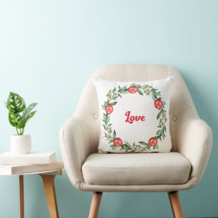 Coussin Fleur rose et couronne de Noël Pomegrana   Amour
