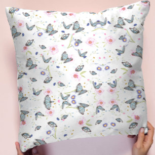 Coussin Fleur rose vintage papillon bleu motif floral