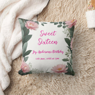 Coussin Fleur rose vintage vert eucalyptus 16e anniversair