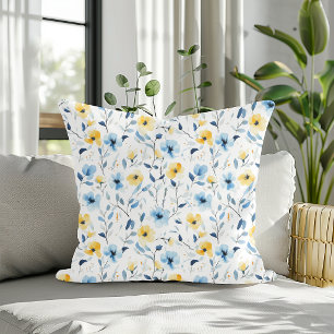 Coussin Fleur sauvage aquarelle bleu jaune 