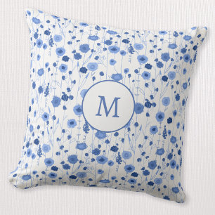 Coussin Fleur sauvage blanche bleue Monogramme Initial Flo