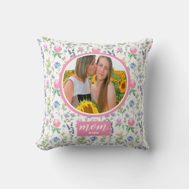Coussin fleur sauvage personnalisé Maman Photo Fête des mè (Recto)
