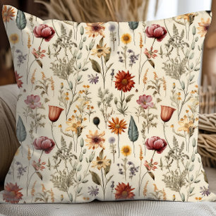 Coussin Fleur sauvage séchée vintage bordeaux rose jaune
