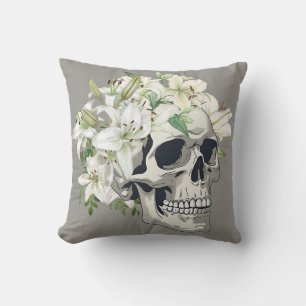Coussin Fleur silencieuse : Crâne et Lys blancs