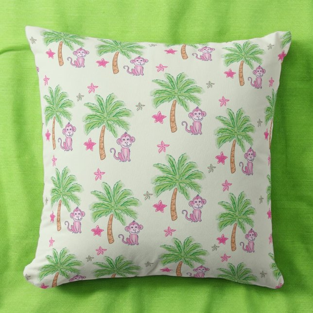 Coussin Fleur tropicale de singe rose de Preppy (Créateur téléchargé)