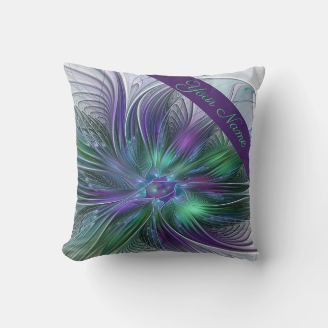 Coussin Fleur vert violet Moderne Abstrait Nom fractal (Recto)