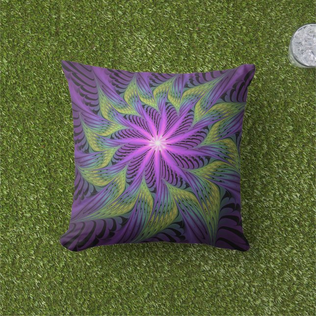Coussin Fleuron vert violet Art Abstrait fractal moderne (Herbe)
