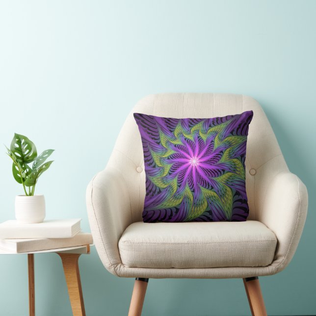 Coussin Fleuron vert violet Art Abstrait fractal moderne (Chaise)