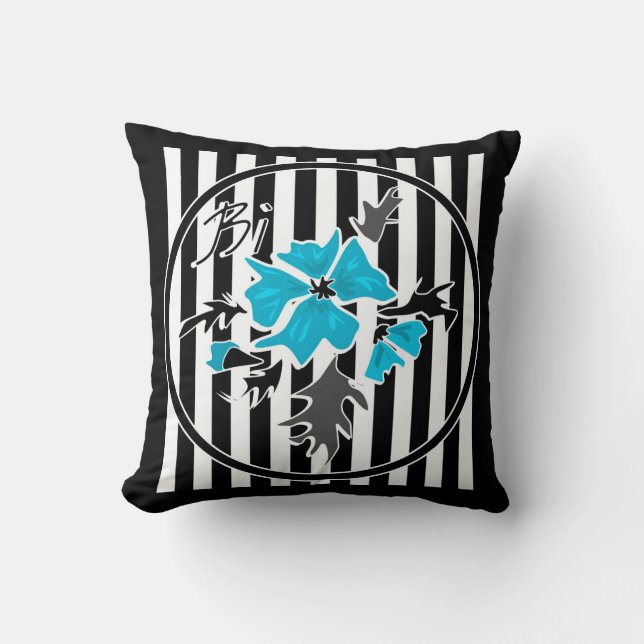 Coussin Fleurs abstraites bleues floral blanc noir (Recto)