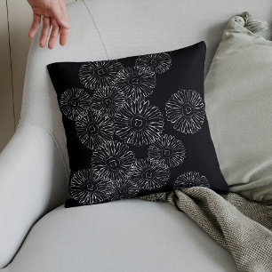 Coussin Fleurs abstraites de printemps noir et blanc