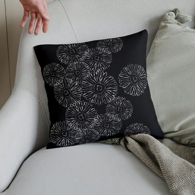 Coussin Fleurs abstraites de printemps noir et blanc (Créateur téléchargé)